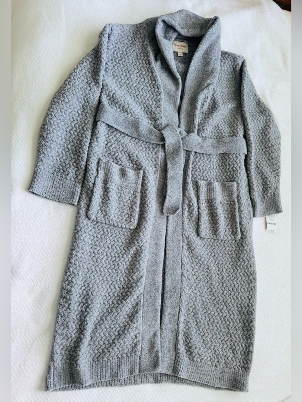 St. John Collection Light Gray Textured Knit Belted Cardigan XS-S